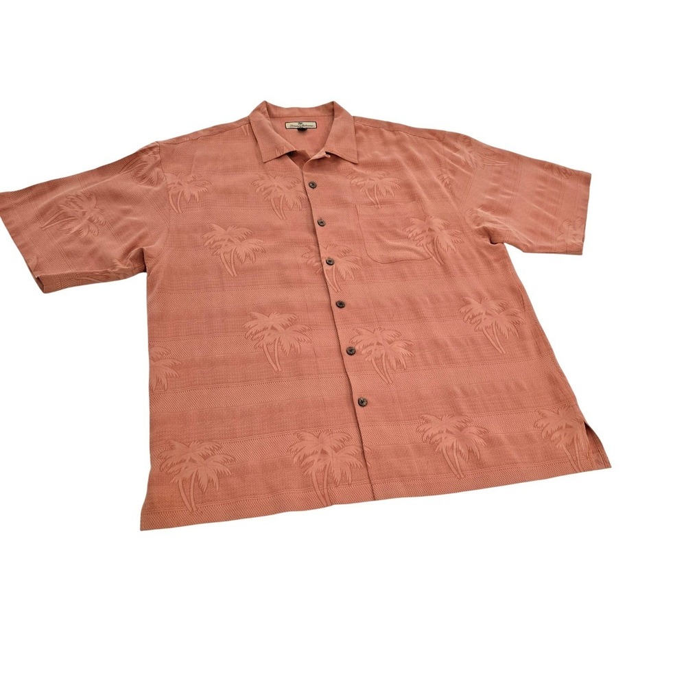 Tommy Bahama Mens XL 100% Silk Palm Tree Jacquard Camp Shirt Coral Resort